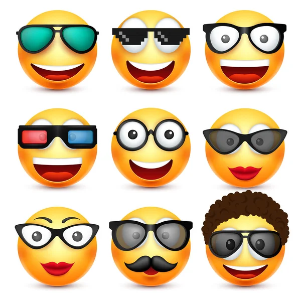 Gülümsemek gülümseyen ifade gözlüklü. Sarı yüz duygularla. Yüz ifadesi. 3D gerçekçi emoji. Komik çizgi film karakteri. Ruh hali. Web simgesi. Vektör çizim. — Stok Vektör