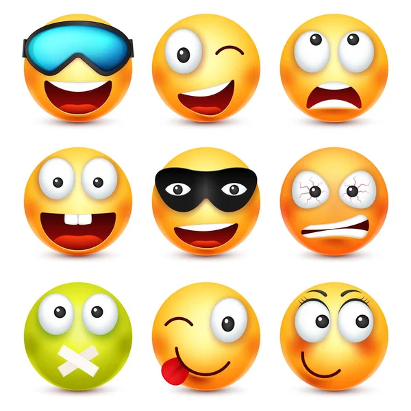 Smiley med glasögon, leende, arg, ledsen, glad smiley. Gula ansikte med känslor. Ansiktsuttryck. 3D realistiska emoji. Rolig tecknad karaktär. Humör. Web-ikonen. Vektorillustration. — Stock vektor