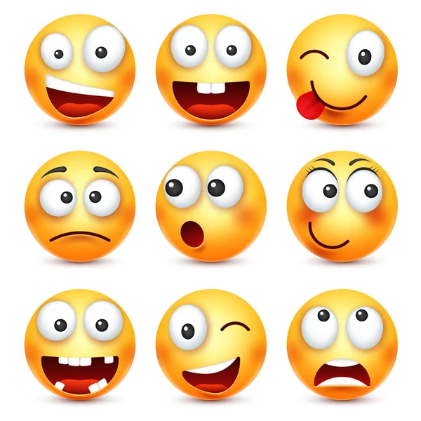 Smiley, leende arg, ledsen, glad smiley. Gula ansikte med känslor. Ansiktsuttryck. 3D realistiska emoji. Rolig tecknad karaktär. Humör. Web-ikonen. Vektorillustration. — Stock vektor