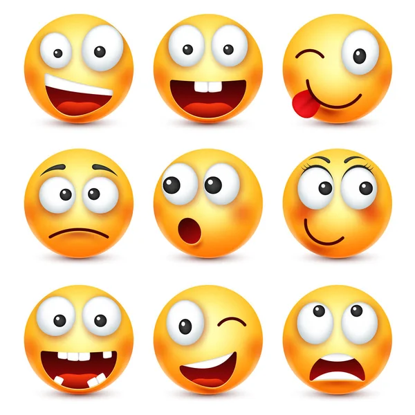 Smiley,smiling angry,sad,happy emoticon. Yellow face with emotions. Facial expression. 3d realistic emoji. Funny cartoon character.Mood. Web icon. Vector illustration. — Stock Vector