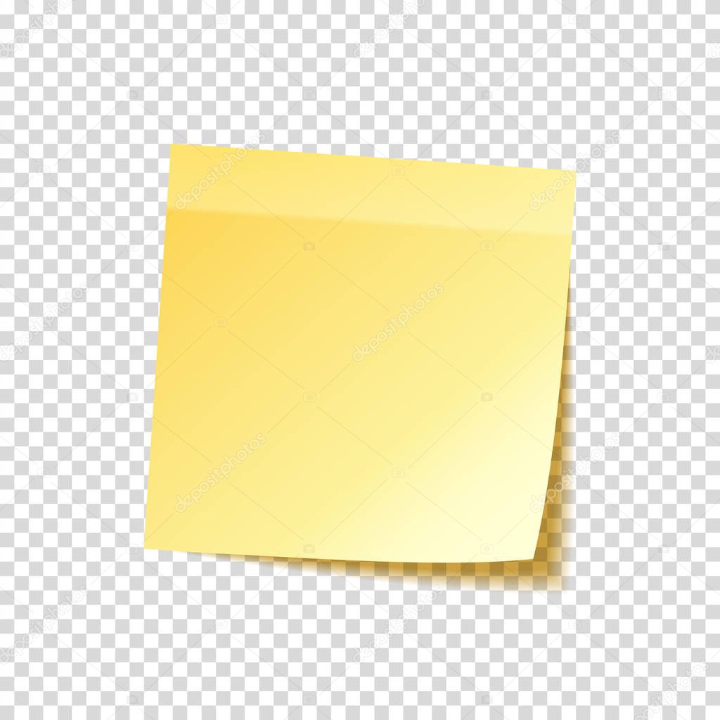 Sticky note with shadow isolated on transparent background. Yellow paper. Message on notepaper.Reminder. Vector illustration.