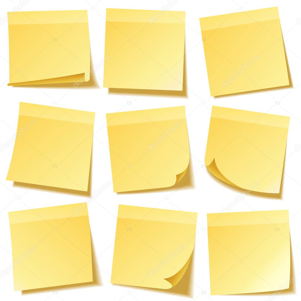 Sticky note with shadow isolated on transparent background set. Yellow paper. Message on notepaper.Reminder. Vector illustration.