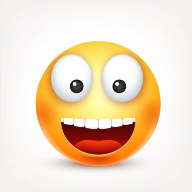 Smiley, mutlu ifade. Sarı yüz duygularla. Yüz ifadesi. 3D gerçekçi emoji. Komik çizgi film karakteri. Ruh hali. Web simgesi. Vektör çizim.