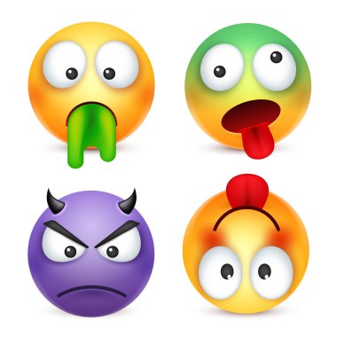 Gülen, şeytan, kötü ifade ayarlayın. Sarı yüz duygularla. Yüz ifadesi. 3D gerçekçi emoji. Komik çizgi film karakteri. Ruh hali. Web simgesi. Vektör çizim.