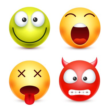 Gülen kümesi, yeşil, happz, şeytan ifade. Sarı yüz duygularla. Yüz ifadesi. 3D gerçekçi emoji. Komik çizgi film karakteri. Ruh hali. Web simgesi. Vektör çizim.