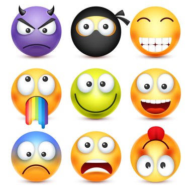 Gülen küme. Şeytan, mutlu, korkmuş, üzgün ifade. Sarı yüz duygularla. Yüz ifadesi. 3D gerçekçi emoji. Komik çizgi film karakteri. Ruh hali. Web simgesi. Vektör çizim.
