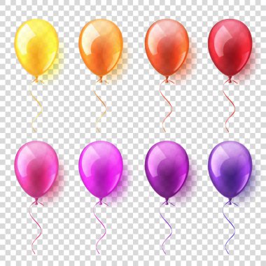 Şeffaf izole gerçekçi renkli parlak uçan hava balonları ayarlayın. Doğum günü partisi. Ribbon.Celebration. düğün ya da Anniversary.Vector illüstrasyon.