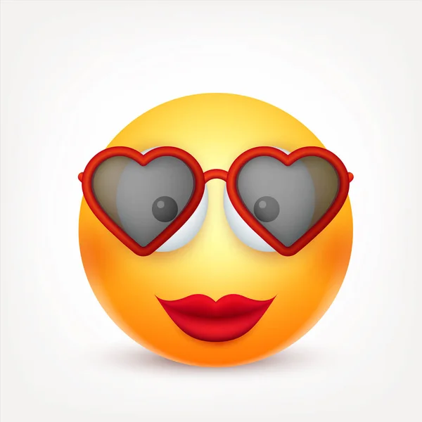 Smiley, emoticon com óculos. Cara amarela com emoções. Expressão facial. 3d emoji realista. Caráter engraçado dos desenhos animados.Humor. Ícone Web. Ilustração vetorial . — Vetor de Stock