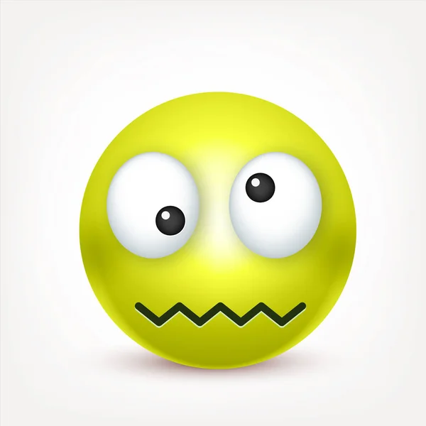Smiley, emoticon verde louco. Cara amarela com emoções. Expressão facial. 3d emoji realista. Caráter engraçado dos desenhos animados.Humor. Ícone Web. Ilustração vetorial . —  Vetores de Stock