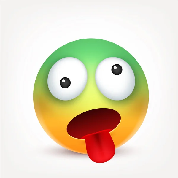 Smiley, emoticon verde cansado. Cara amarela com emoções. Expressão facial. 3d emoji realista. Caráter engraçado dos desenhos animados.Humor. Ícone Web. Ilustração vetorial . —  Vetores de Stock