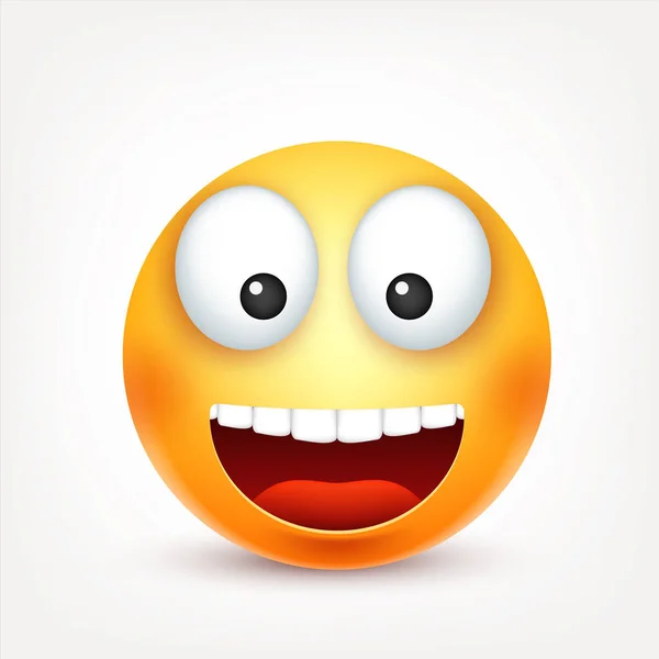 Sorridente, felice emoticon. Faccia gialla con emozioni. Espressione facciale. 3D emoji realistico. Personaggio divertente dei cartoni animati. Icona web. Illustrazione vettoriale . — Vettoriale Stock