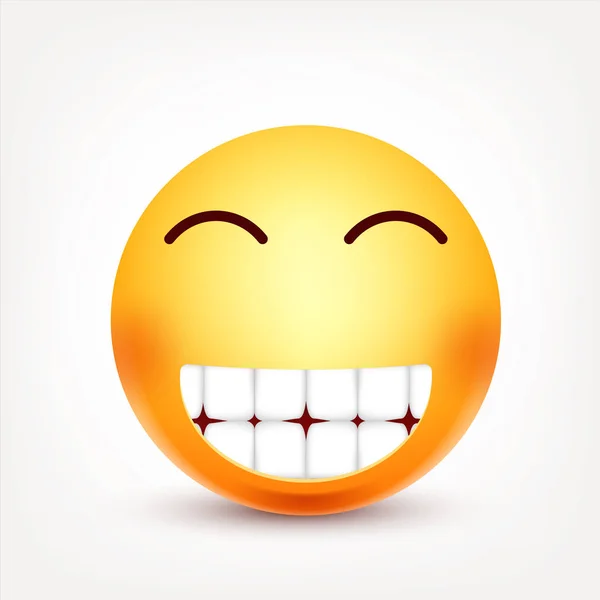 Sonriente, feliz emoticono. Cara amarilla con emociones. Expresión facial. emoji realista 3d. Personaje divertido de la historieta. Icono web. Ilustración vectorial . — Archivo Imágenes Vectoriales