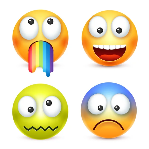 Smiley uppsättning, galen, glad smiley. Gula ansikte med känslor. Ansiktsuttryck. 3D realistiska emoji. Rolig tecknad karaktär. Humör. Web-ikonen. Vektorillustration. — Stock vektor