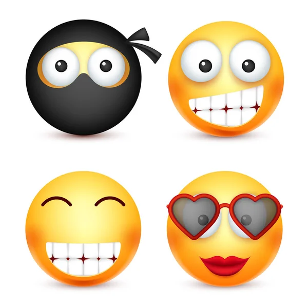 Ensemble souriant, ninja, émoticône heureux. Visage jaune avec des émotions. Expression faciale. emoji réaliste 3d. Caractère de dessin animé drôle.Mood. Icône Web. Illustration vectorielle . — Image vectorielle