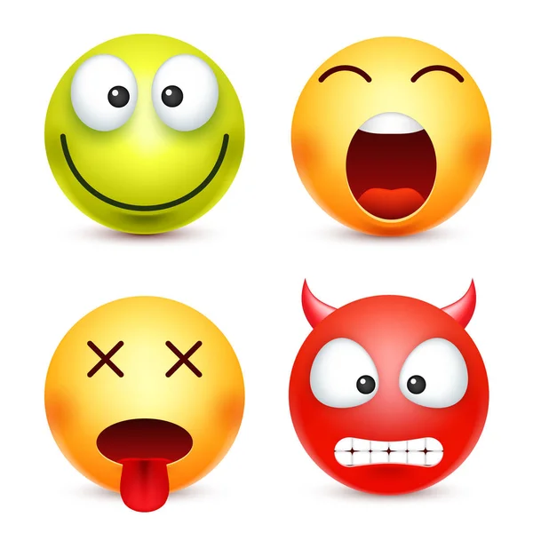 Smiley szett, zöld, happz, ördög érzelem. Kinek arca is sárga az érzelmekkel. Arckifejezés. valósághű 3D-s emoji. Vicces rajzfilm karaktert. Hangulat. Web ikon. Vektoros illusztráció. — Stock Vector