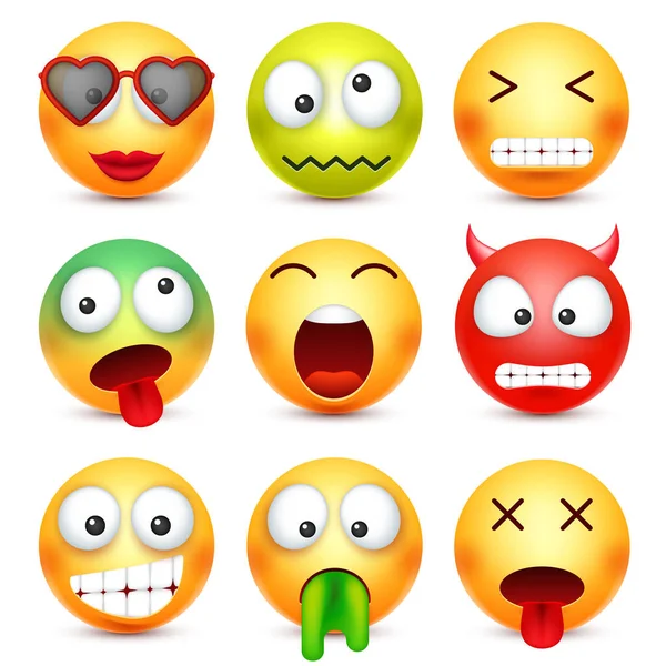 Set sonriente. Emoticono verde, rojo, feliz, triste, enfermo, cansado. Cara amarilla con emociones. Expresión facial. emoji realista 3d. Personaje divertido de la historieta. Icono web. Ilustración vectorial . — Vector de stock