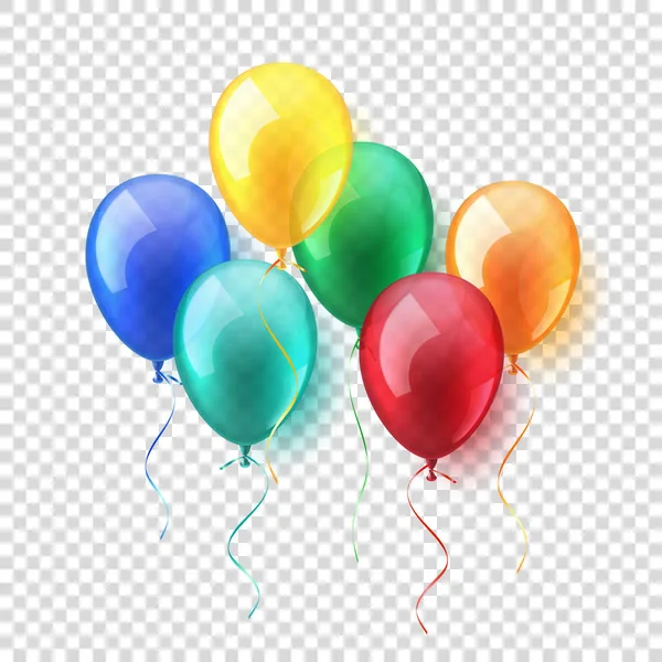 Trasparente isolato realistico colorato lucido palloncini aerei volanti impostato. Festa di compleanno. Nastro. Celebrazione. Matrimonio o Anniversario.Illustrazione vettoriale . — Vettoriale Stock