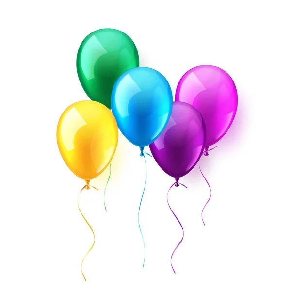 Aislado realista colorido brillante vuelo globo conjunto. Fiesta de cumpleaños. Ribbon.Celebración. Boda o Aniversario.Vector Ilustración . — Archivo Imágenes Vectoriales