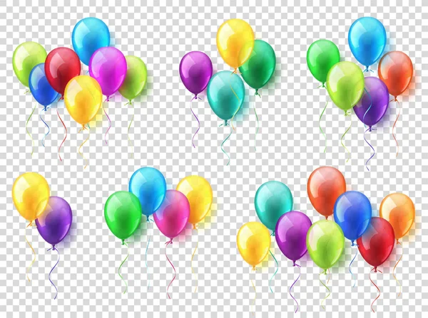 Trasparente isolato realistico colorato lucido palloncini aerei volanti impostato. Festa di compleanno. Nastro. Celebrazione. Matrimonio o Anniversario.Illustrazione vettoriale . — Vettoriale Stock