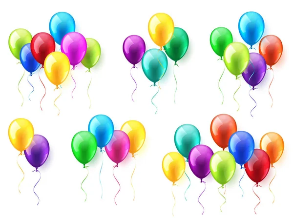 Aislado realista colorido brillante vuelo globo conjunto. Fiesta de cumpleaños. Ribbon.Celebración. Boda o Aniversario.Vector Ilustración . — Vector de stock