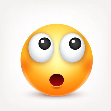 Gülen, ifade. Sarı yüz duygularla. Yüz ifadesi. 3D gerçekçi emoji. Komik çizgi film karakteri. Ruh hali. Web simgesi. Vektör çizim.