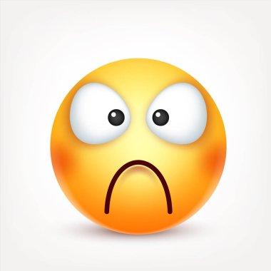 Gülen, ifade. Sarı yüz duygularla. Yüz ifadesi. 3D gerçekçi emoji. Komik çizgi film karakteri. Ruh hali. Web simgesi. Vektör çizim.