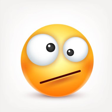 Gülen, ifade. Sarı yüz duygularla. Yüz ifadesi. 3D gerçekçi emoji. Komik çizgi film karakteri. Ruh hali. Web simgesi. Vektör çizim.
