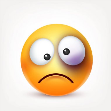 Gülen, ifade. Sarı yüz duygularla. Yüz ifadesi. 3D gerçekçi emoji. Komik çizgi film karakteri. Ruh hali. Web simgesi. Vektör çizim.
