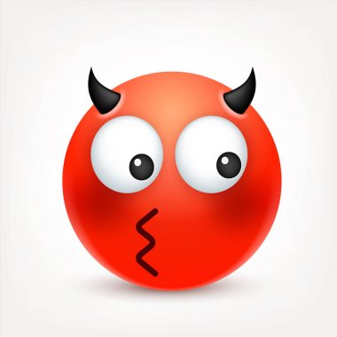 Gülen, ifade. Sarı yüz duygularla. Yüz ifadesi. 3D gerçekçi emoji. Komik çizgi film karakteri. Ruh hali. Web simgesi. Vektör çizim.