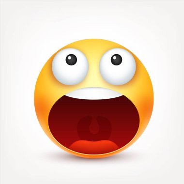 Gülen, ifade. Sarı yüz duygularla. Yüz ifadesi. 3D gerçekçi emoji. Komik çizgi film karakteri. Ruh hali. Web simgesi. Vektör çizim.