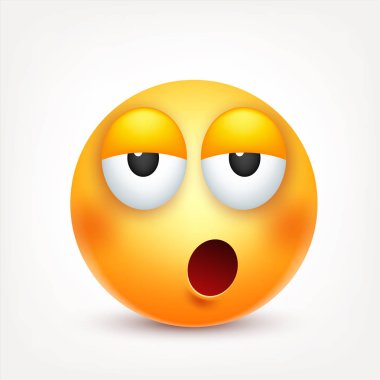 Gülen, ifade. Sarı yüz duygularla. Yüz ifadesi. 3D gerçekçi emoji. Komik çizgi film karakteri. Ruh hali. Web simgesi. Vektör çizim.