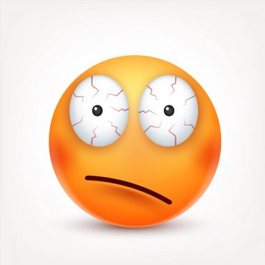 Gülen, ifade. Sarı yüz duygularla. Yüz ifadesi. 3D gerçekçi emoji. Komik çizgi film karakteri. Ruh hali. Web simgesi. Vektör çizim.