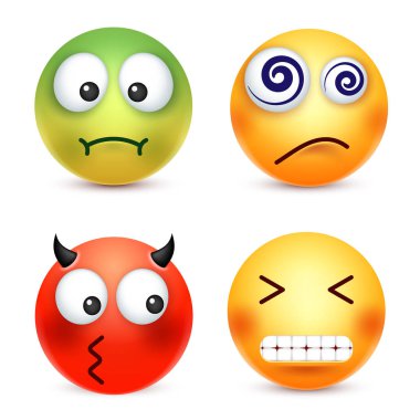 Smiley, ifadeleri ayarlayın. Sarı yüz duygularla. Yüz ifadesi. 3D gerçekçi emoji. Komik çizgi film karakteri. Ruh hali. Web simgesi. Vektör çizim.