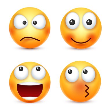 Smiley, ifadeleri ayarlayın. Sarı yüz duygularla. Yüz ifadesi. 3D gerçekçi emoji. Komik çizgi film karakteri. Ruh hali. Web simgesi. Vektör çizim.