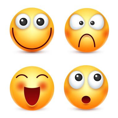 Smiley, ifadeleri ayarlayın. Sarı yüz duygularla. Yüz ifadesi. 3D gerçekçi emoji. Komik çizgi film karakteri. Ruh hali. Web simgesi. Vektör çizim.
