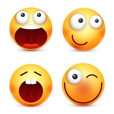 Smiley, ifadeleri ayarlayın. Sarı yüz duygularla. Yüz ifadesi. 3D gerçekçi emoji. Komik çizgi film karakteri. Ruh hali. Web simgesi. Vektör çizim.