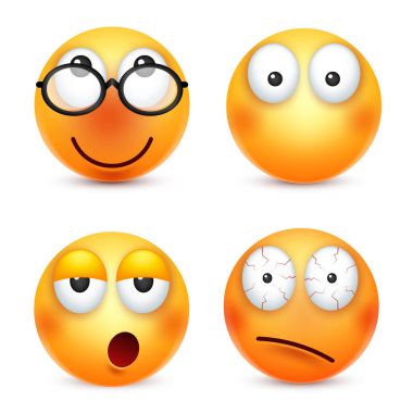 Smiley, ifadeleri ayarlayın. Sarı yüz duygularla. Yüz ifadesi. 3D gerçekçi emoji. Komik çizgi film karakteri. Ruh hali. Web simgesi. Vektör çizim.