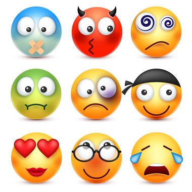 Smiley, ifadeleri ayarlayın. Sarı yüz duygularla. Yüz ifadesi. 3D gerçekçi emoji. Komik çizgi film karakteri. Ruh hali. Web simgesi. Vektör çizim.