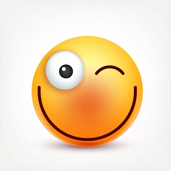 Sorridi, emoticon. Faccia gialla con emozioni. Espressione facciale. 3D emoji realistico. Personaggio divertente dei cartoni animati. Icona web. Illustrazione vettoriale . — Vettoriale Stock