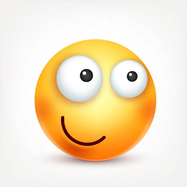 Sonriente, emoticono. Cara amarilla con emociones. Expresión facial. emoji realista 3d. Personaje divertido de la historieta. Icono web. Ilustración vectorial . — Archivo Imágenes Vectoriales