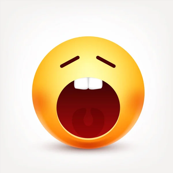 Sorridi, emoticon. Faccia gialla con emozioni. Espressione facciale. 3D emoji realistico. Personaggio divertente dei cartoni animati. Icona web. Illustrazione vettoriale . — Vettoriale Stock