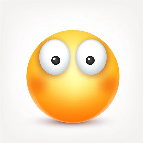 Sorridi, emoticon. Faccia gialla con emozioni. Espressione facciale. 3D emoji realistico. Personaggio divertente dei cartoni animati. Icona web. Illustrazione vettoriale . — Vettoriale Stock