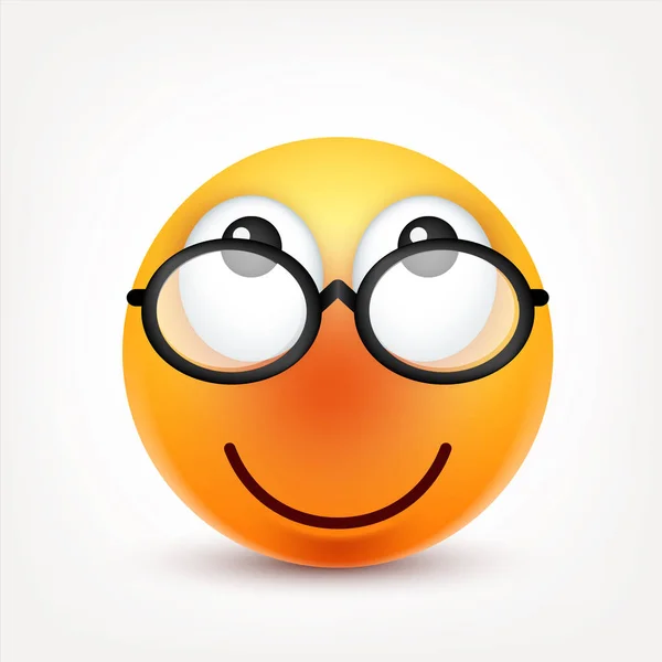 Sorridi, emoticon. Faccia gialla con emozioni. Espressione facciale. 3D emoji realistico. Personaggio divertente dei cartoni animati. Icona web. Illustrazione vettoriale . — Vettoriale Stock