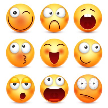 Smiley, ifadeleri ayarlayın. Sarı yüz duygularla. Yüz ifadesi. 3D gerçekçi emoji. Komik çizgi film karakteri. Ruh hali. Web simgesi. Vektör çizim.