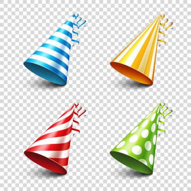 Party shiny hat with ribbon. Holiday decoration.Celebration.Birthday.Vector illustration on transparent background. Set. clipart