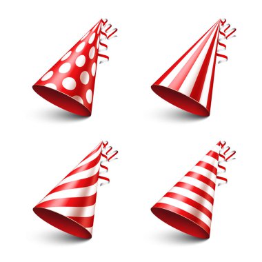 Kurdele ile parti parlak şapka. Tatil dekorasyon. Celebration.Birthday.Vector resimde beyaz arka plan üzerinde. Ayarla.