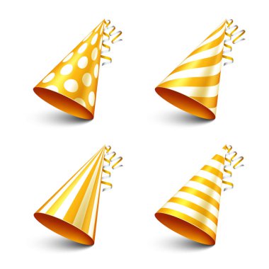 Kurdele ile parti parlak şapka. Tatil dekorasyon. Celebration.Birthday.Vector resimde beyaz arka plan üzerinde. Ayarla.