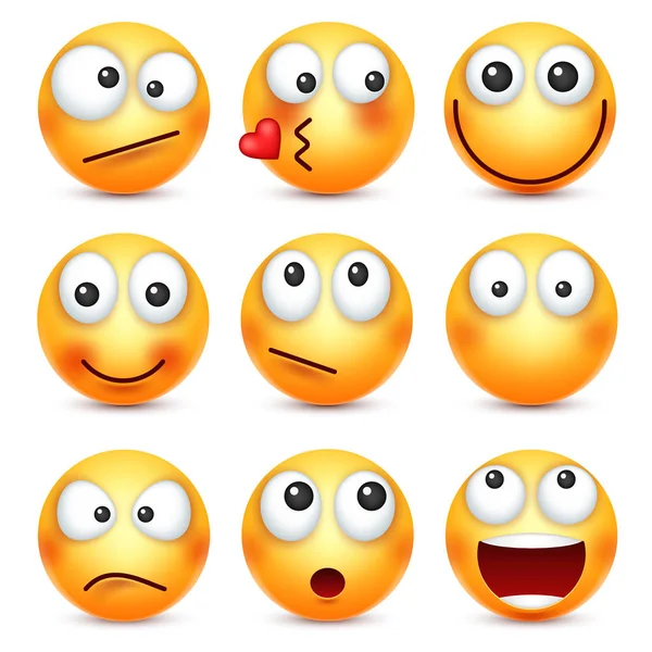 Smiley, emoticon siap. Wajah kuning dengan emosi. Ekspresi wajah. Emoji realistis 3d. Karakteristik kartun lucu. Ikon web. Ilustrasi vektor . - Stok Vektor