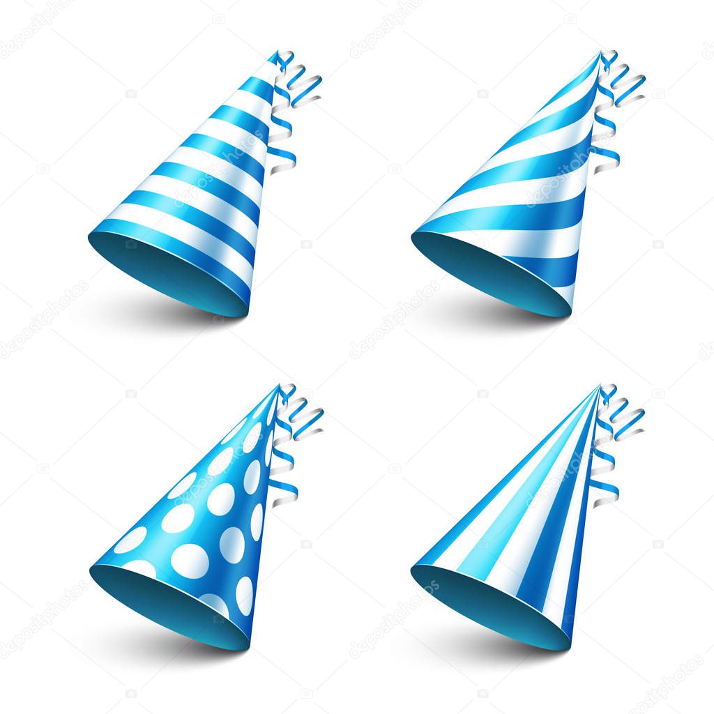 Party shiny hat with ribbon. Holiday decoration.Celebration.Birthday.Vector illustration on white background. Set.