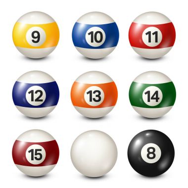 Bilardo, havuz topları koleksiyonu. Snooker. Beyaz arka plan. Vektör çizim.